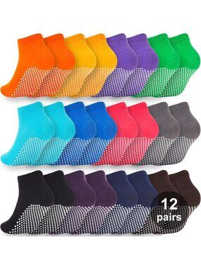 12 Pairs Non-Slip Grip Socks for Yoga, Pilates, Hospital & Elderly Use
